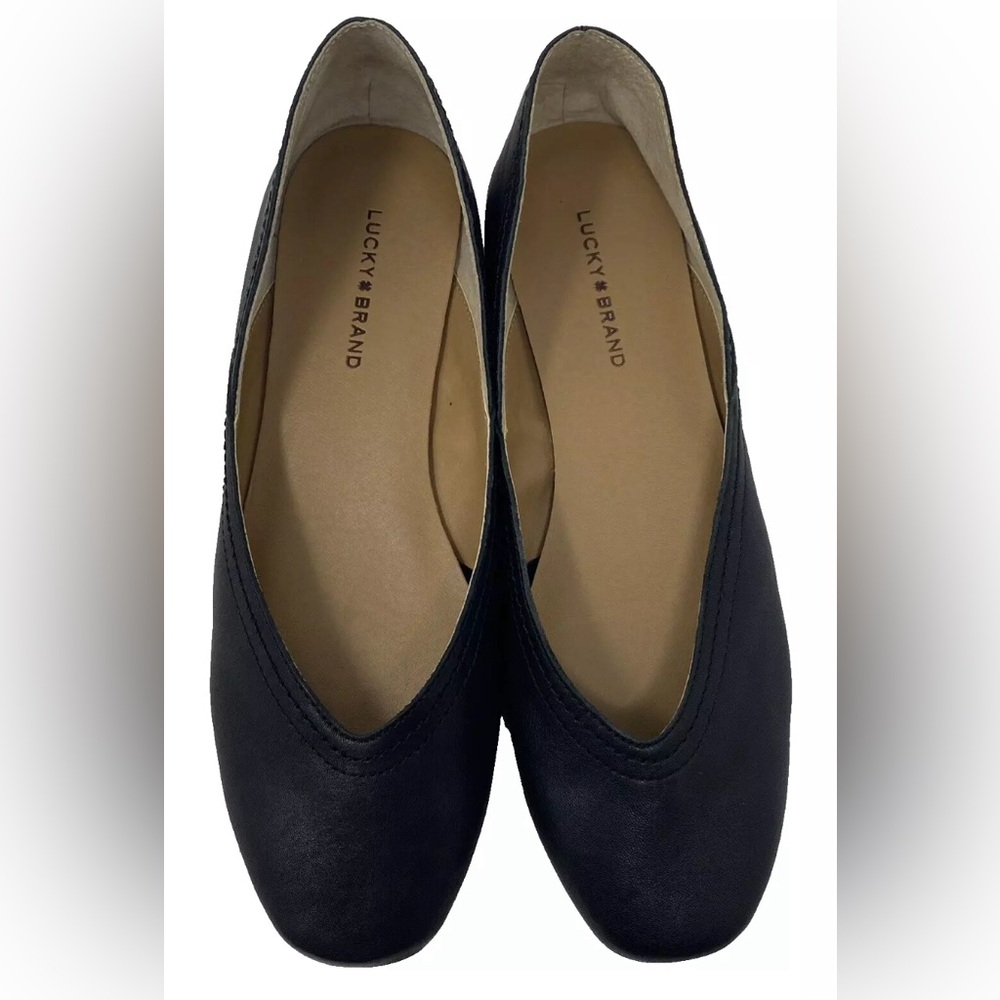 🍀LUCKY BRAND WOMEN'S ALBA BLACK LEATHER SLIP ON FLATS SIZE 8.5 M